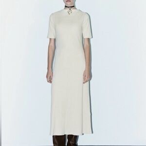 Cream Ribbed‎ A-line Midi Dress Short Sleeve Essential Capsule  Work Neutral L